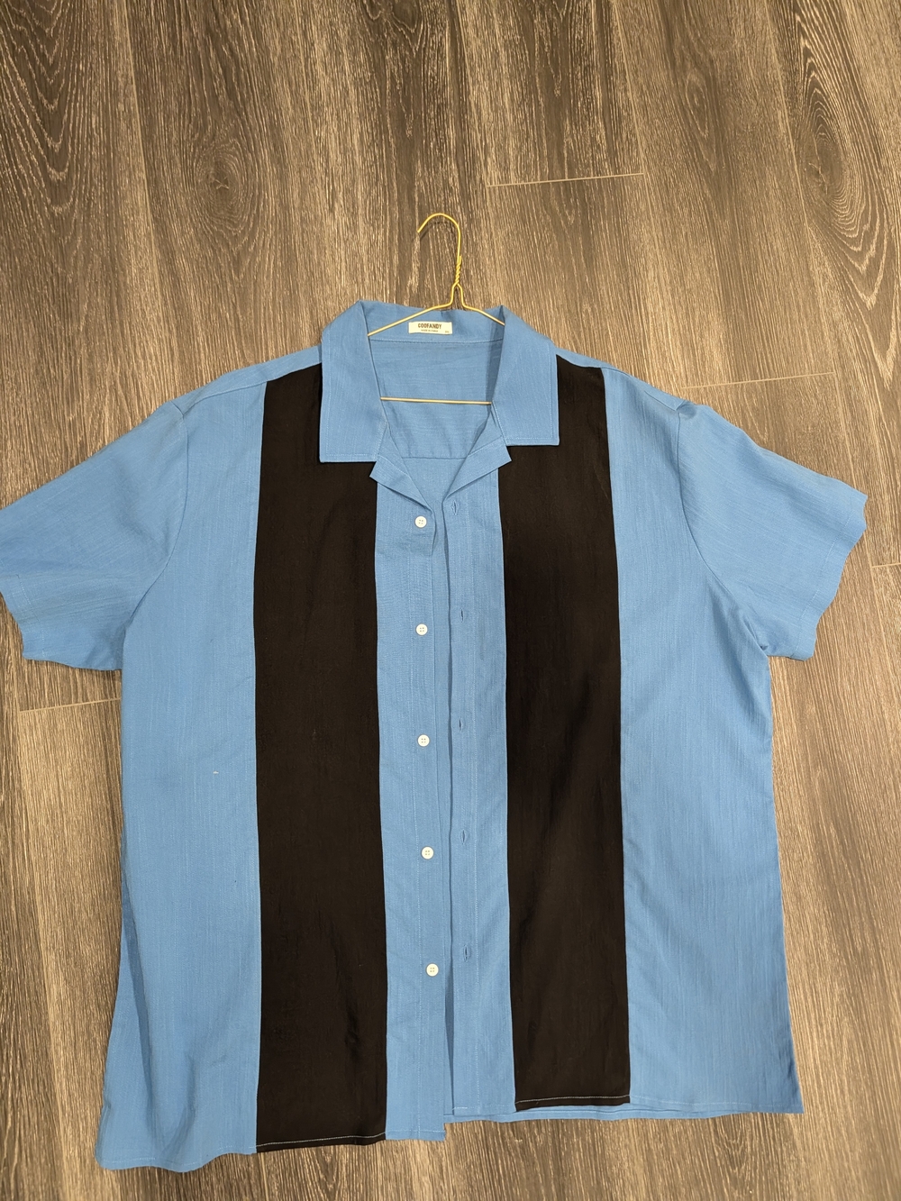 Men's Blue Short-Sleeve Button-Up Shirt with Black Panels